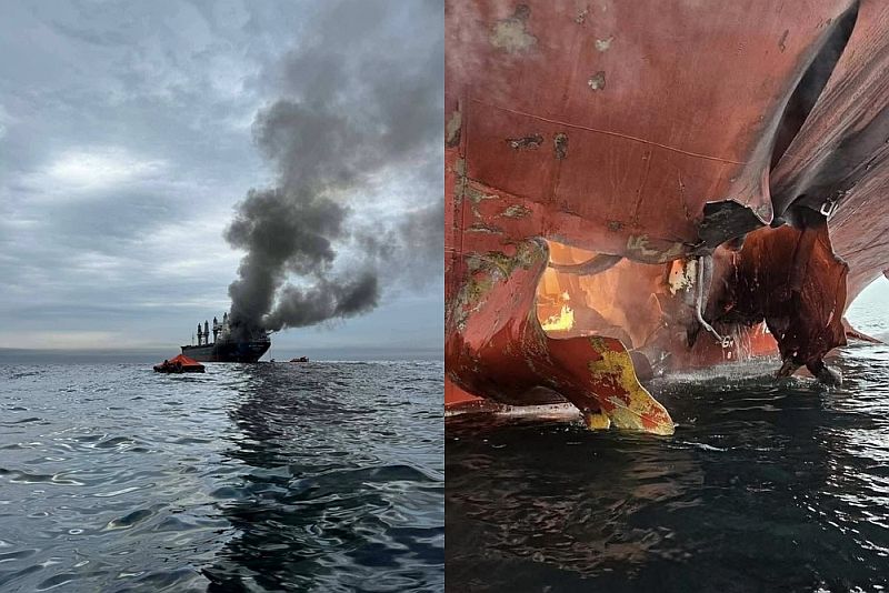 Die unter thailändischer Flagge fahrende Mayuree Naree brennt nach einem Treffer knapp über der Wasserlinie im Golf von Oman.