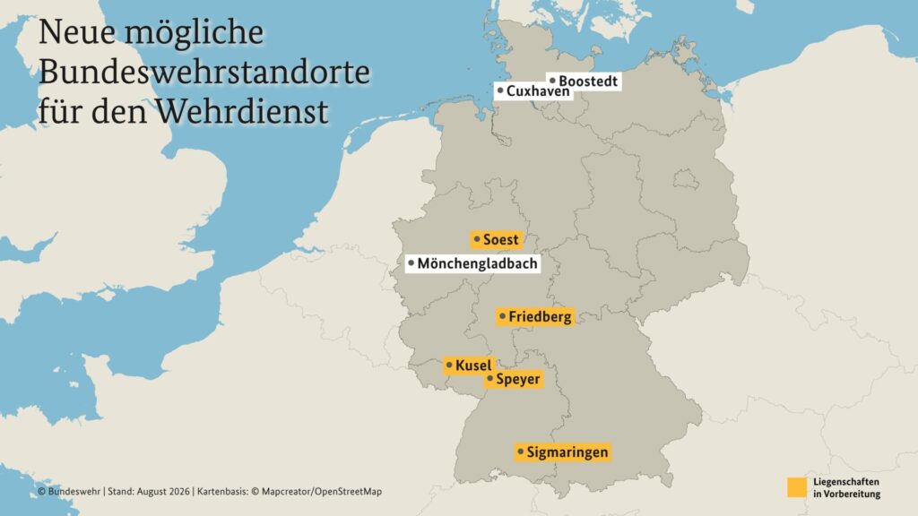 Von acht im Juli genannten militärischen Liegenschaften, die für den Neuen Wehrdienst reaktiviert werden könnten, hat das Bundesverteidigungsministerium nun für fünf konkrete Schritte eingeleitet.