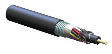 Abgestuftes Glasfaserkabel für die
unterirdische Verlegung mit verseilten
Bündeladern, zur Unterscheidung
unterschiedlich
gefärbte Fasern. ( Foto  © Corning)