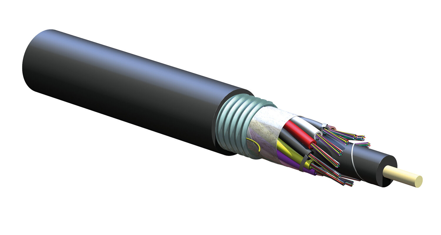Abgestuftes Glasfaserkabel für die
unterirdische Verlegung mit verseilten
Bündeladern, zur Unterscheidung
unterschiedlich
gefärbte Fasern. ( Foto  © Corning)