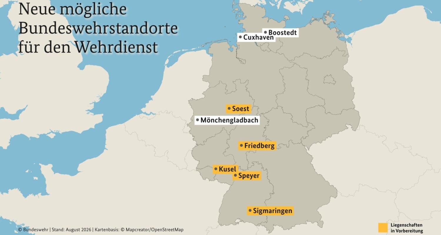 Von acht im Juli genannten militärischen Liegenschaften, die für den Neuen Wehrdienst reaktiviert werden könnten, hat das Bundesverteidigungsministerium nun für fünf konkrete Schritte eingeleitet.