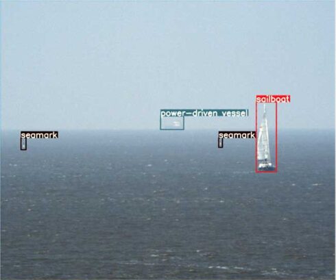 KI-gestützte Objekterkennung auf See:  Tageslichtbild. Das System erkennt und klassifiziert Personen, Seezeichen, Motor- und Segelfahrzeuge in Echtzeit (Quelle: SmartShip/HSU)