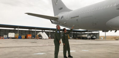 Pilots from Multinational Multi Role Tanker Transport Fleet checking out the Elbit Systems J MUSIC DIRCM turret credit NSPA 800